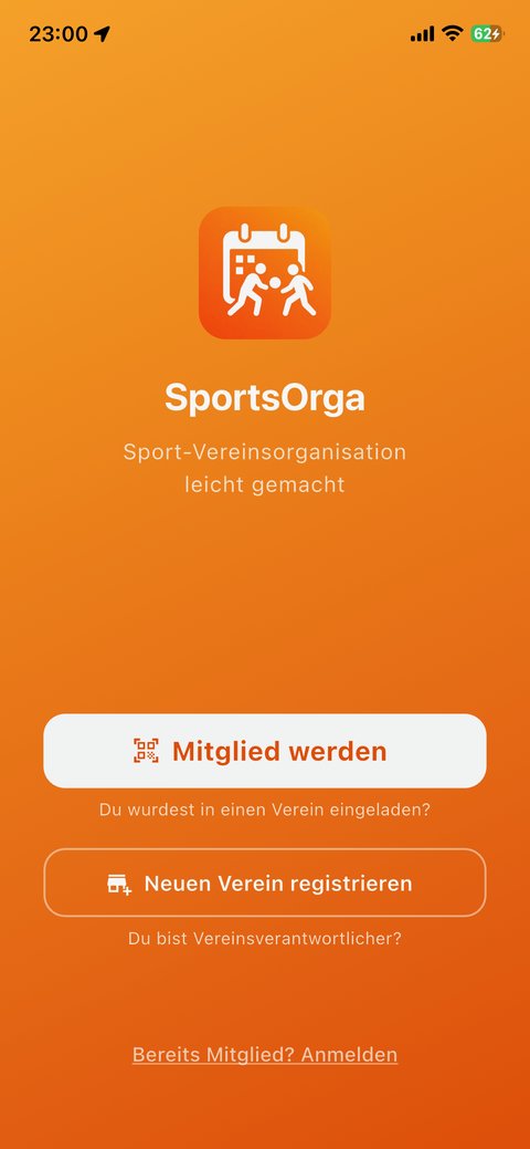 SportsOrga App-Startbildschirm