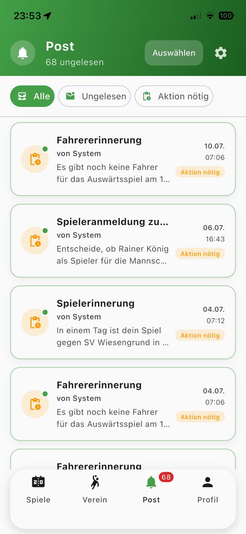 SportsOrga Nachrichten mit automatischen Erinnerungen