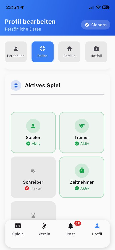 SportsOrga Profil mit Rollen wie Spieler, Trainer, Zeitnehmer