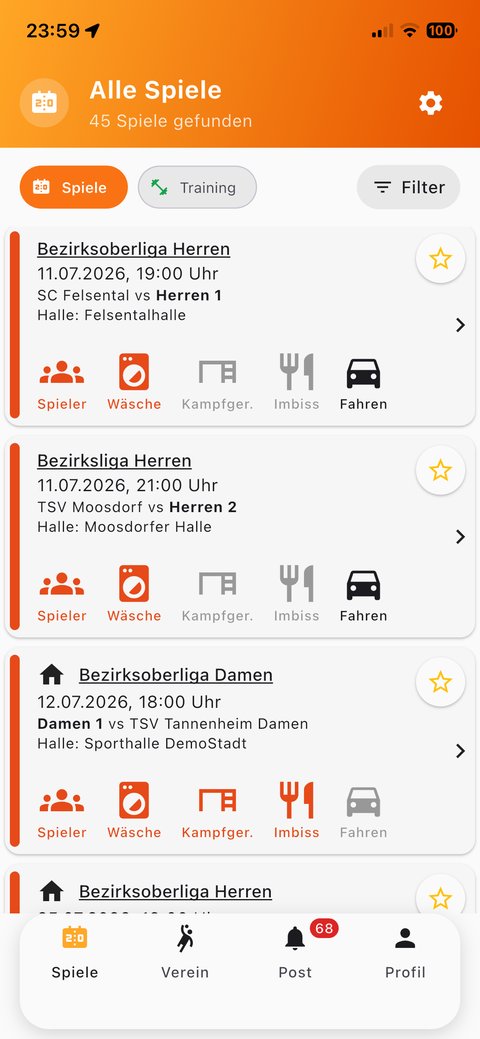 SportsOrga Spielübersicht mit Organisations-Status pro Spiel