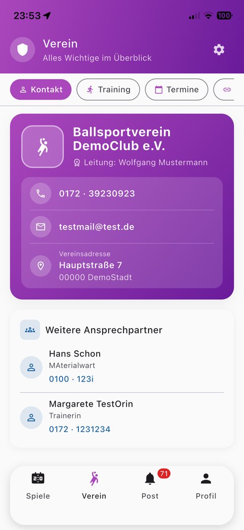 SportsOrga Vereinsübersicht mit Kontakten und Terminen